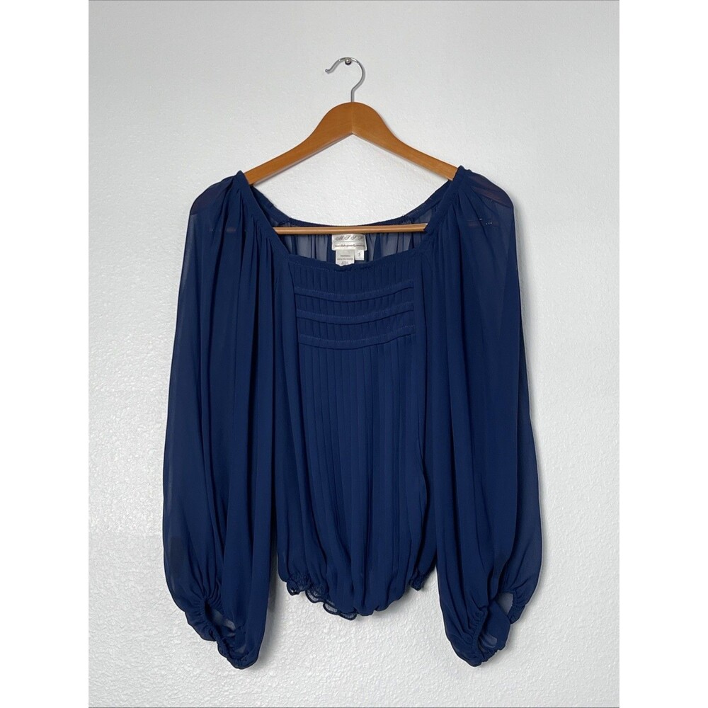 Vintage Y2K Max Studio Specialty Products S navy sheer chiffon pleated blouse